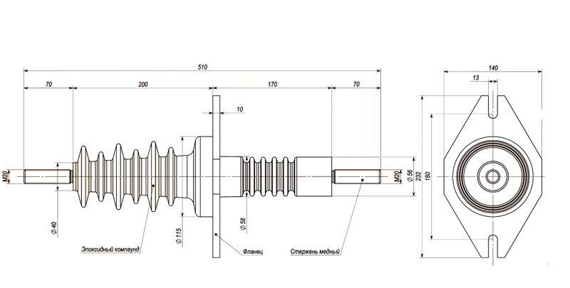 полимерный изолятор проходной 10 кв ипэлф 10-5-045-40 ухл1 или ухл2 чертеж